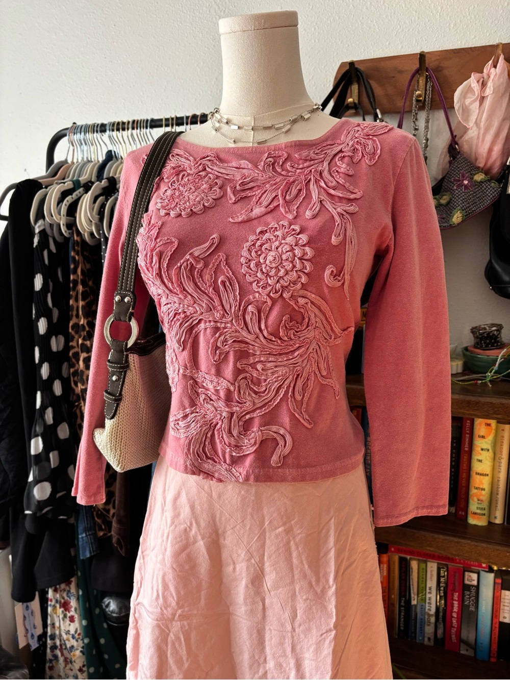 vintage y2k embroidered pink 3/4 sleeve blouse boho fairy grunge fairycore